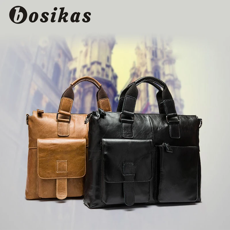 BOSIKAS Мужские портфели из натуральной кожи однотонные кожаные сумки мессенджеры