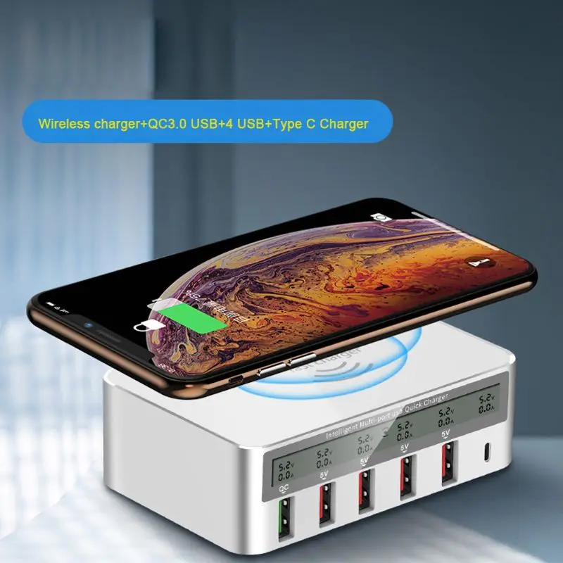 Быстрое беспроводное зарядное устройство QC 3 0 Type C с 4 USB портами и ЖК