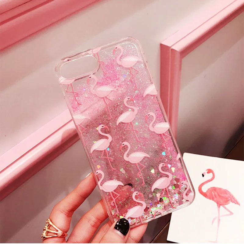Glitter Dynamic liquid Flamingo Phone Cases For iPhone 6 6s 7 8 Plus Case Silicone Cover X Girly Coque Capa |