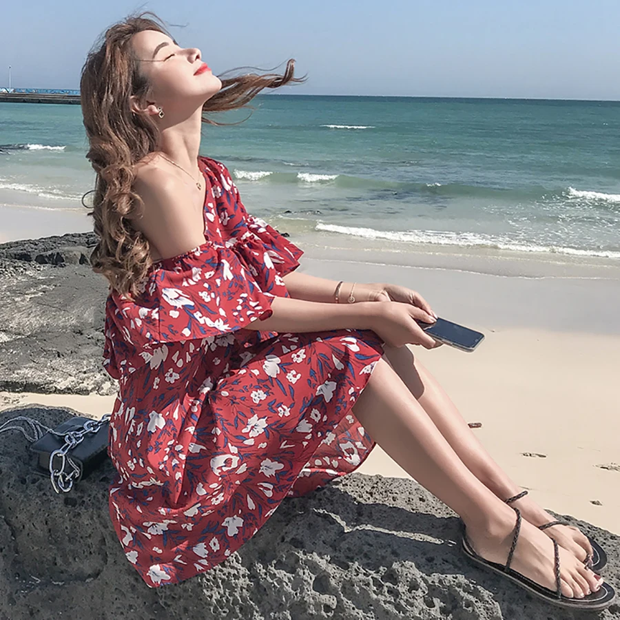 Plus size Summer Floral Chiffon Dress Boho 2018 Elegant Women club Mini Dresses Party Sexy Off Shoulder Sundress Beach Vestidos | Женская