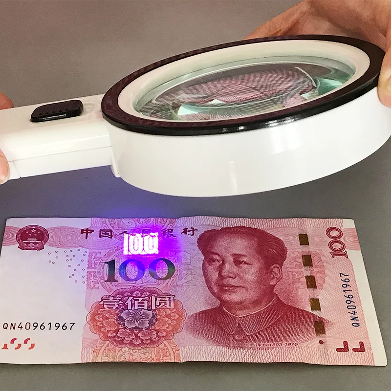 10X увеличительное стекло с подсветкой Ручка Лупа с подсветкой светодиодный УФ освещение большой размер 90 мм двойной оптический стеклянный объектив