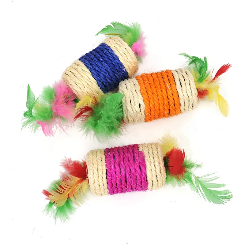 Цветной перо сизалевый круглый ящик Cat дразнящие игрушки дл животных для