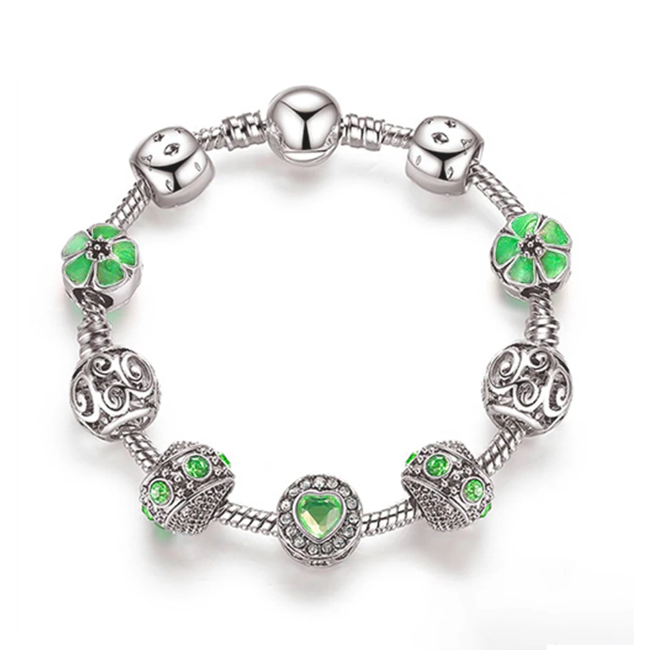 4 Color 925 Silver High Quality Enamel Flower Charm Bracelet &amp Bangle Crystal Love Heart for Women Wedding Jewelry Gift | Украшения и