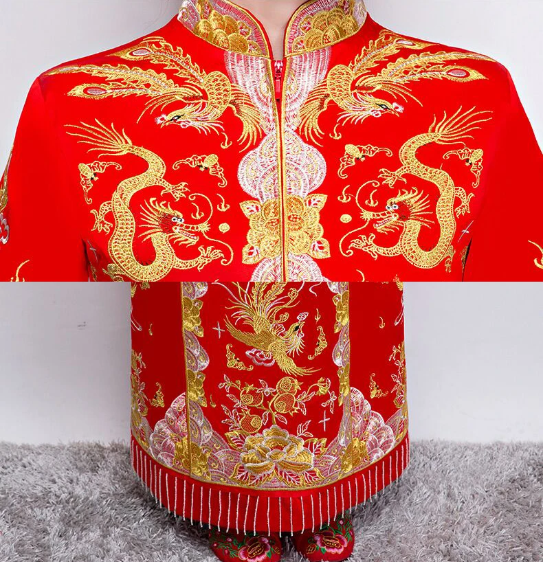 

Luxury ancient Royal Red Chinese wedding dress Traditional Bride Embroidery Cheongsam Women Oriental Dragon Phoenix QiPao S-XXL