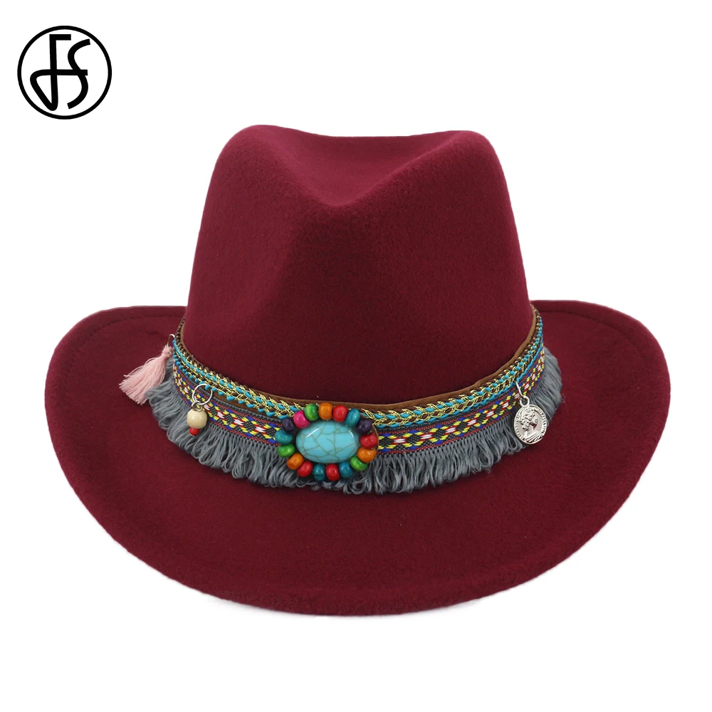 Женская хлопковая шляпа FS винно красная ковбойская с широкими полями и