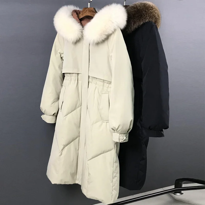 Женская длинная парка на утином пуху с натуральным меховым воротником теплая