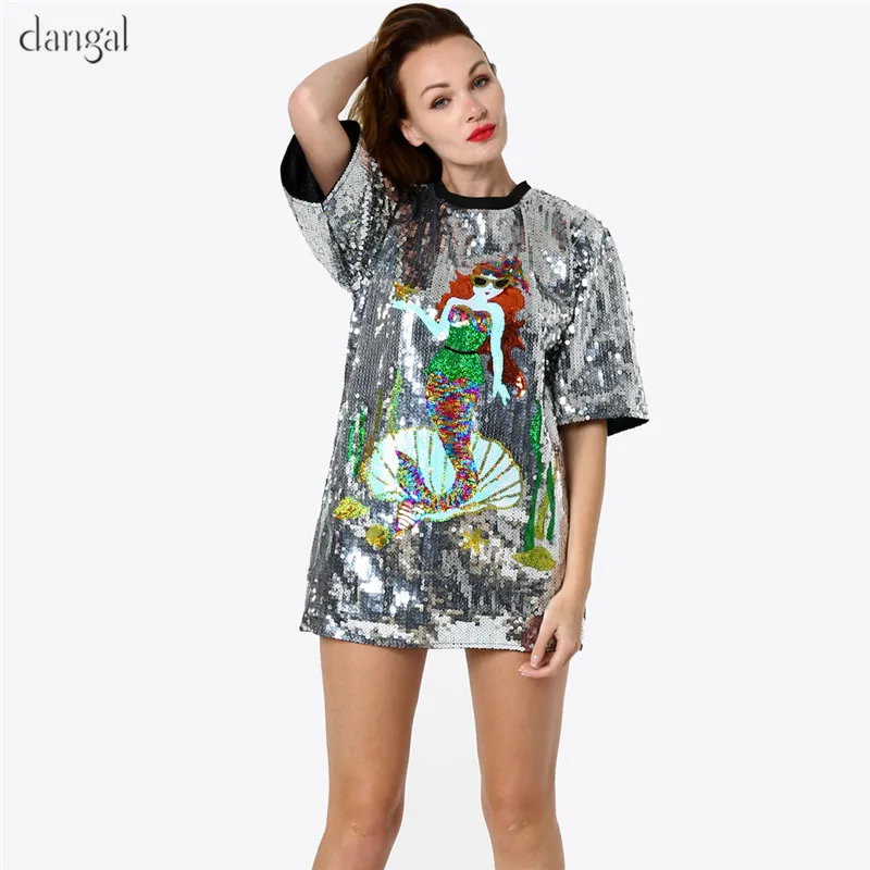 New Sequin T Shirt With Sequins Cute Mermaid Cartoon Sequined Shirts Women Silver Clothing Club Party Woman tshirt top | Женская одежда
