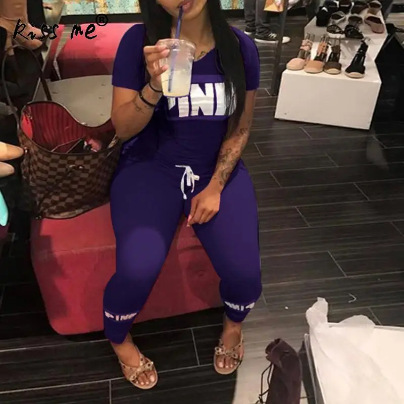 purple Женский розовый сексуальный спортивный костюм с буквенным принтом размера плюс, летний спортивный комплект s-xxxl, топы, обтягивающие штаны, комплект из двух предметов, повседневный тренировочный костюм - Цвет: purple