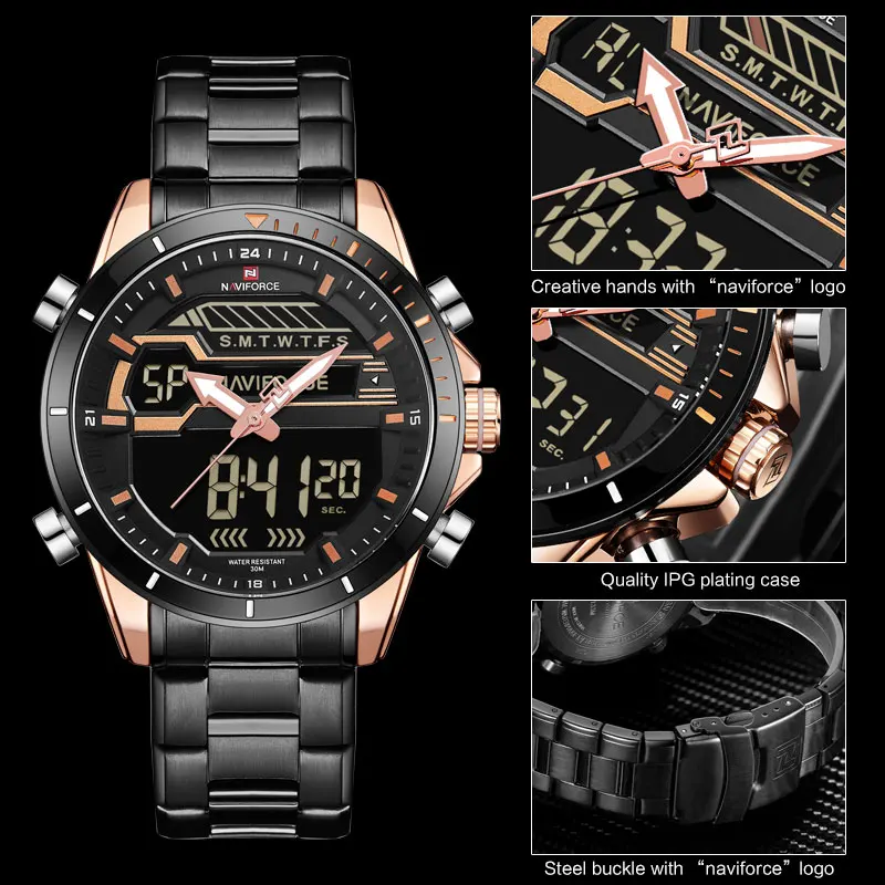 NAVIFORCE люксовый бренд мужские спортивные часы полностью стальной кварцевый светодиодный двойной дисплей мужские часы армейские военные водонепроницаемые наручные часы