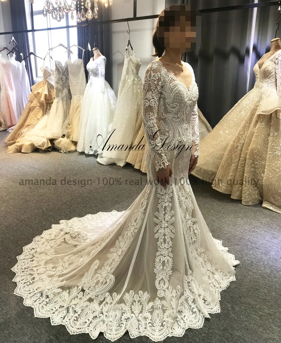 Свадебное платье с длинным рукавом и кружевной юбкой годе|Свадебные платья| |
