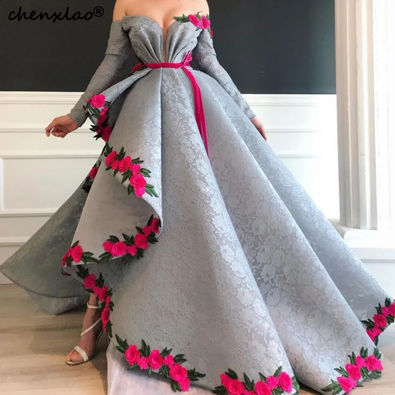 Vestidos De Festa Серые Вечерние платья Длинные Кружевные А-силуэта с открытыми плечами Длинные рукава длиной до пола Вечерние Нарядные платья для вечеринок