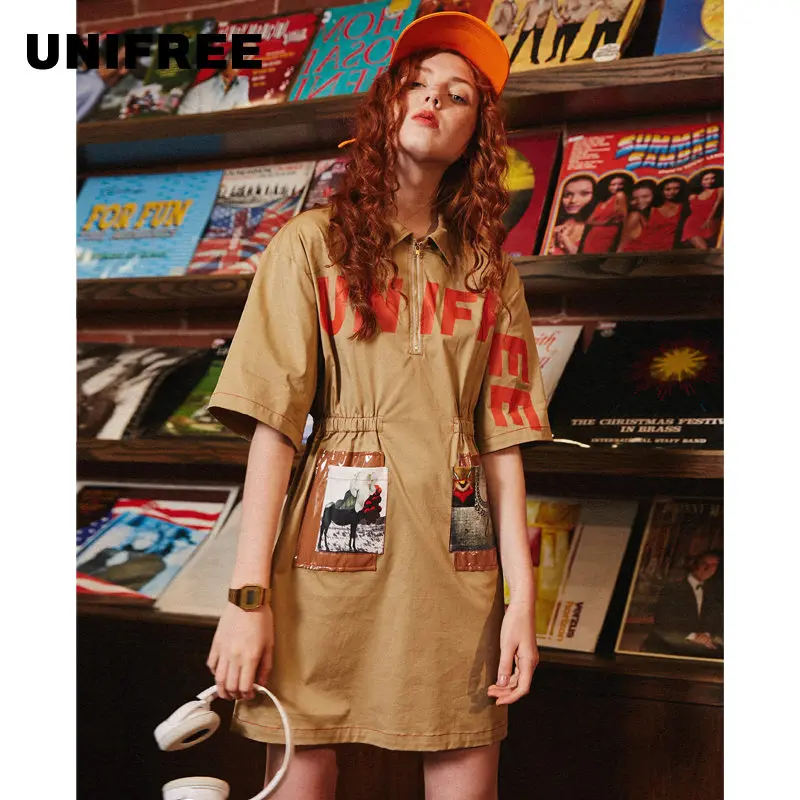 UNIFREE 2019 летнее платье для женщин Топ цвета хаки с открытой талией свободное