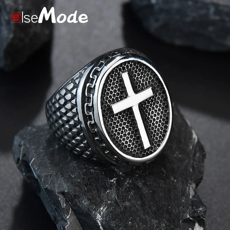 ELSEMODE, Винтажное кольцо в стиле панк-рок, христианская религия, кольцо с крестом, нержавеющая сталь 316 L Для Мужчин, Ювелирные изделия для отца, подарок