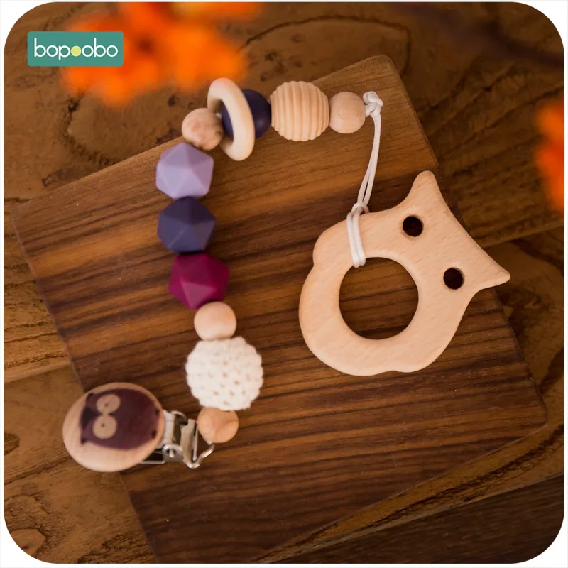 Owl Pacifier Clip Bopobo/1 шт., от 0 до 12 месяцев, для новорожденного ребенка, натуральное дерево, Мультяшные животные, прорезыватели, кольца, соска, цепь, прорезыватель, вязанные крючком Силиконовые Бусины - Цвет: Owl Pacifier Clip