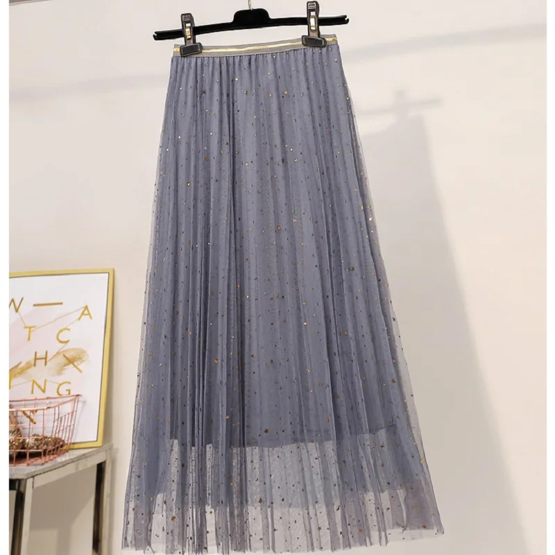 2019 NEW Women Pleated Skirts In Summer Star Sequined Tulle Skirt 3 layers Lurex High Waist A Line skirt | Женская одежда