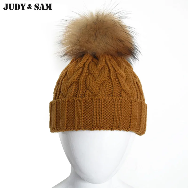 Милые детские зимние шерстяные вязаные шапки с помпонами из натурального меха