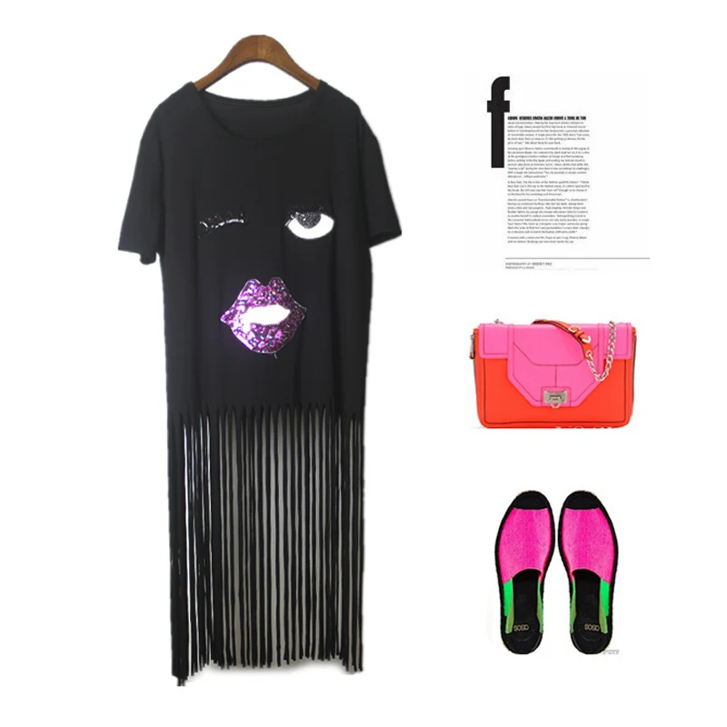 Новое мода женщины футболки свободного покроя длинные широкий кисточкой стиль с