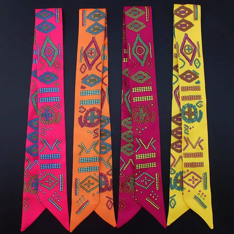 POBING New Design Geometric Silk Scarf Women Head Brand Small Tie Handle Bag Ribbon Long Scarves Female Wraps 100*5CM |