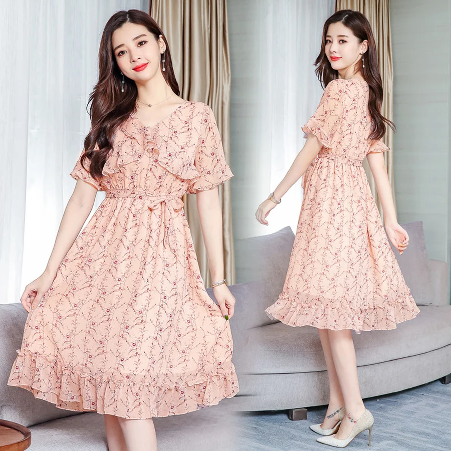2019 Винтаж 3XL плюс размеры розовый принт пляжные наряды лето сладкий шифон Boho миди