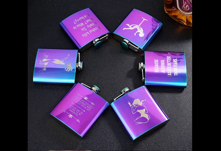 Модная плоская фляжка объемом 6 унций разноцветная из нержавеющей стали