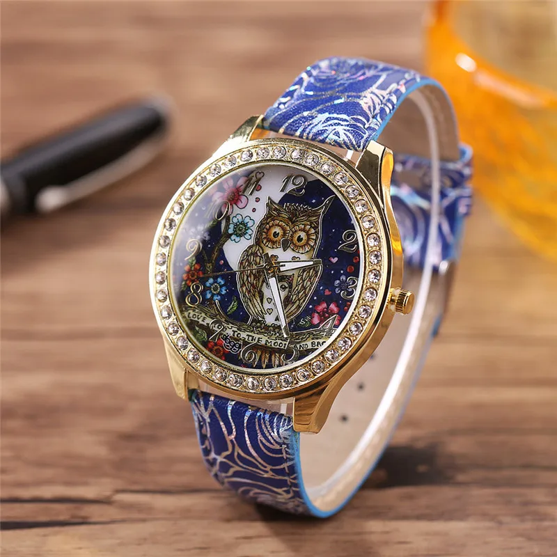 Fashion Top Brand Luxury Diamond Wrist Watches Women Leather Quartz Owl Clock Dress Female Orologi Donna Hot Sale #1 | Наручные часы