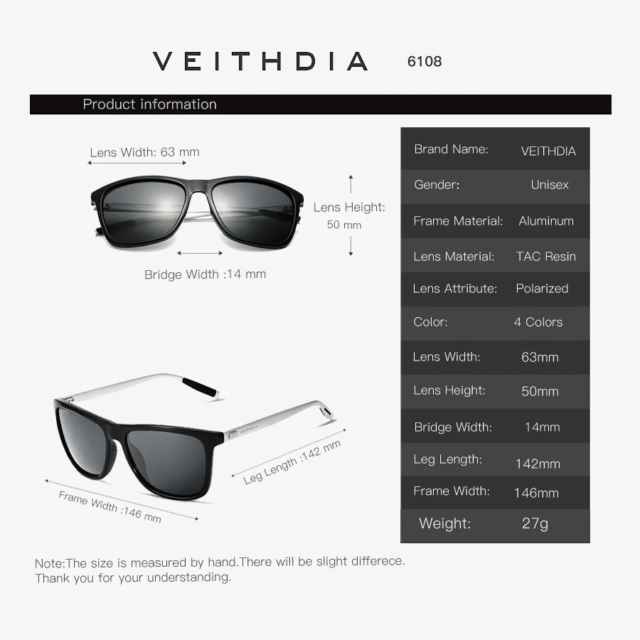 Солнцезащитные очки унисекс VEITHDIA брендовые ретро из алюминия и TR90 с квадратными
