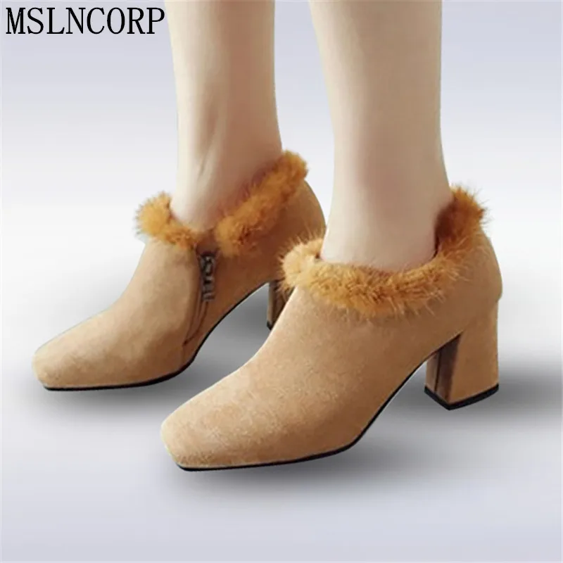 

Size 34-44 Real Fur Boots Spring Autumn Thick Plush Square Heel Ankle Boots Women Medium Heel Square Toe Rex Rabbit Fur Pumps
