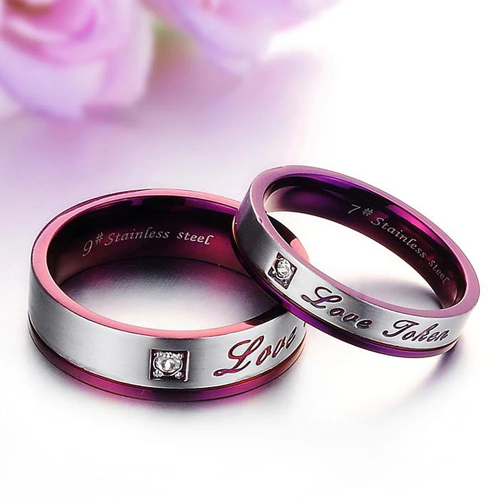 ERLUER retro style purple Stainless steel pair ring for Women Men Crystal Jewelry Engagement Couple Rings set Valentine's Gift |
