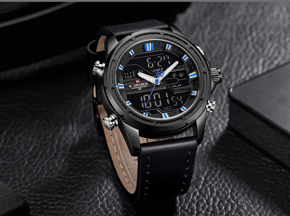Топ люксовый бренд NAVIFORCE часы мужские модные спортивные часы Мужские Цифровые кварцевые часы кожаные военные водонепроницаемые наручные часы