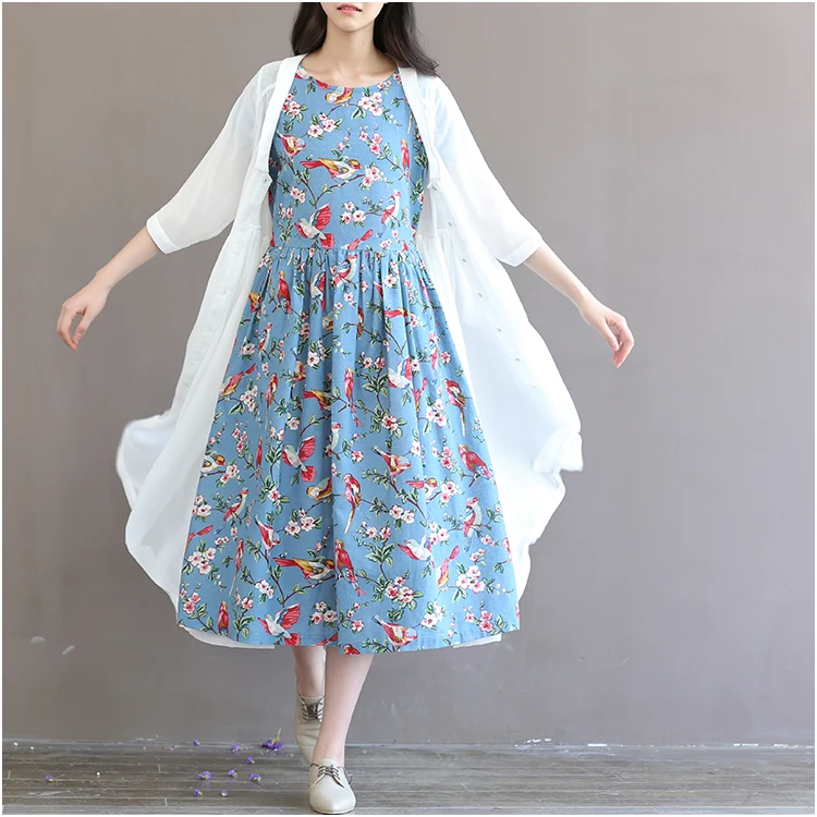 Женское Повседневное платье из хлопка и льна винтажное длинное макси с цветочным