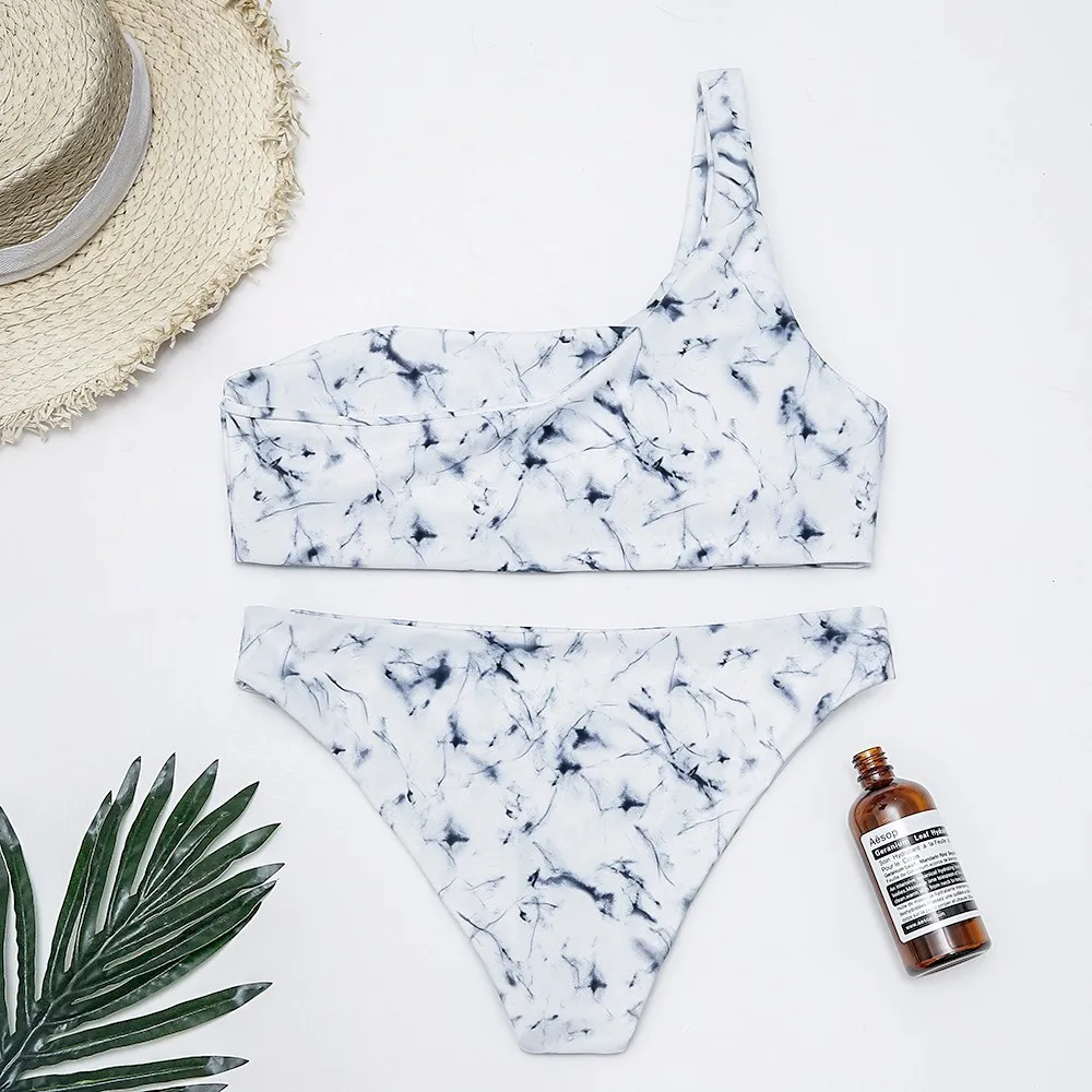 Женский пляжный комплект бикини с мраморным принтом и бюстгальтером мягкими