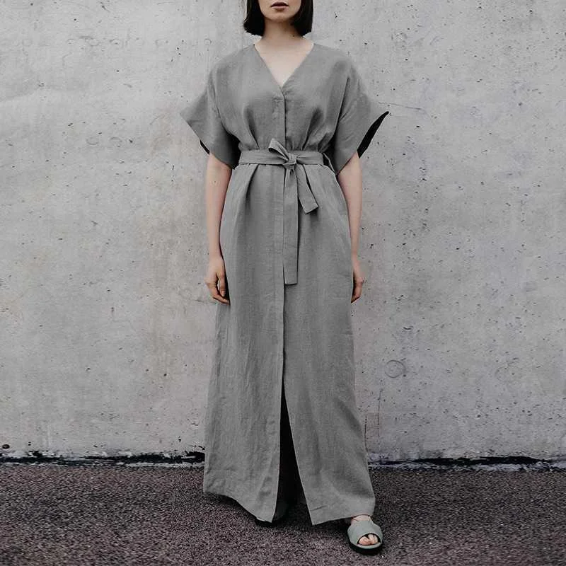 Women Dress Ladies Holiday Summer V-Neck Casual Sundress Belt Cocktail Maxi Split Plus Size Solid Short Sleeve | Женская одежда