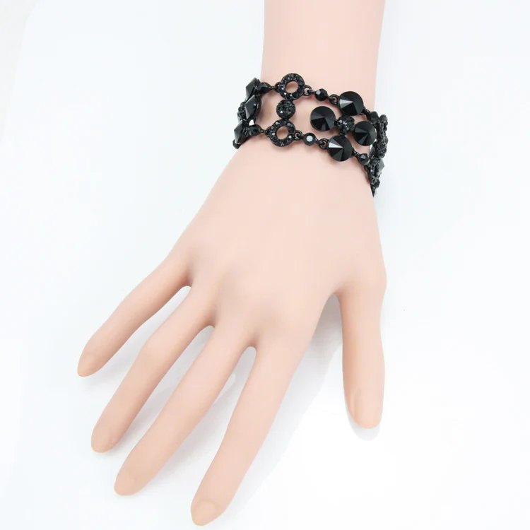 Женский широкий браслет FLOLA черный в стиле ретро с цепочкой из фианита и