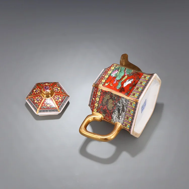 Цзиндэчжэнь Античная Qianlong Эмаль Золотой чайник с ручкой шестиугольник чайники с цветами и птицами узор древний фарфор