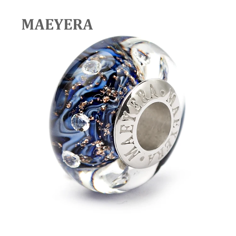 MAEYERA подлинные 925 пробы серебряные циркониевые синие полуночные Звездные небесные бусины из муранского стекла, очаровательный подарок, самодельные очаровательные ювелирные изделия 920355