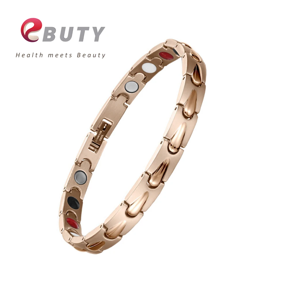 EBUTY Female Bracelets Rose Gold Magnet Stainless Steel Bracelet Bangle Fashion Jewelry Women Germanium FIR Ball with Gift Box