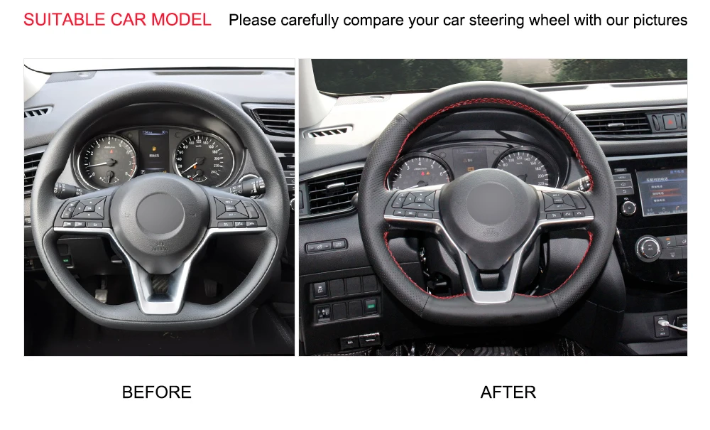 Черный кожаный чехол на руль для Nissan X-Trail- Qashqai Rogue(Sport)- Leaf