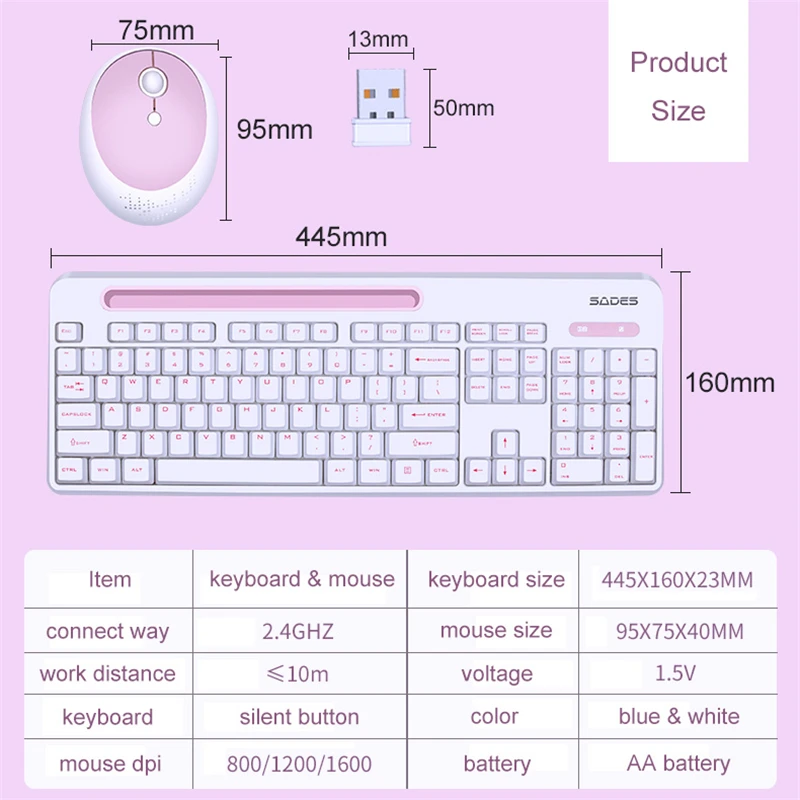 Беспроводная клавиатура для девочек 2 4G игровая мышь Combo 1600 точек/дюйм мини