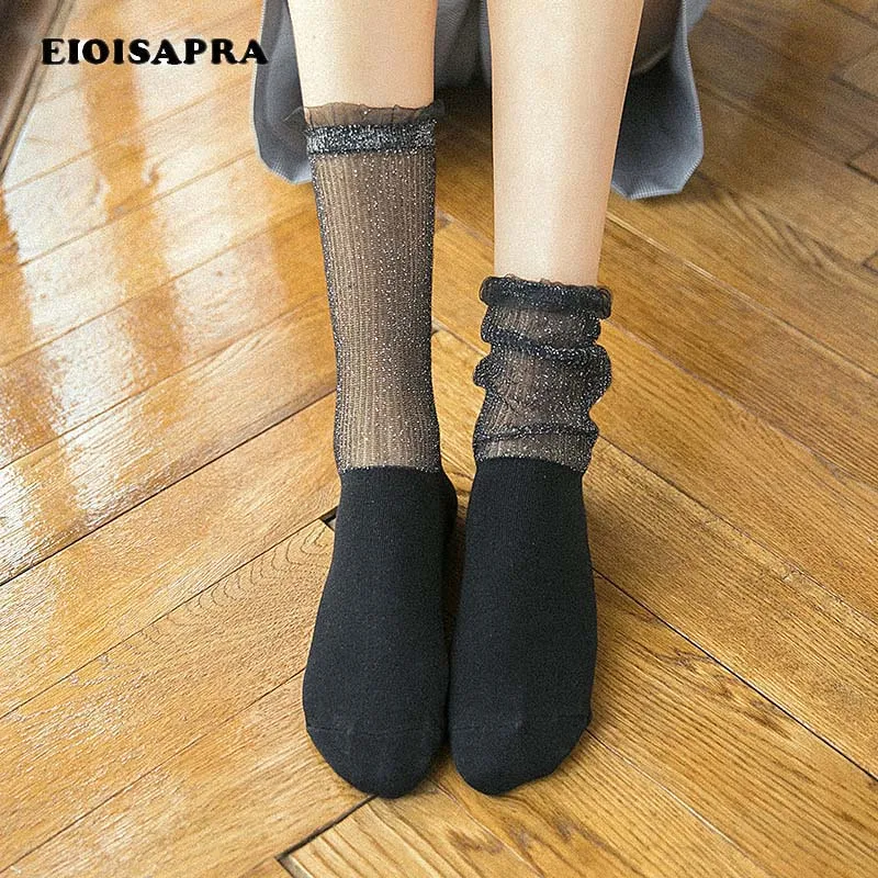 [EIOISAPRA] Лоскутные блестящие носки из сетчатой пряжи серебряные шелковые