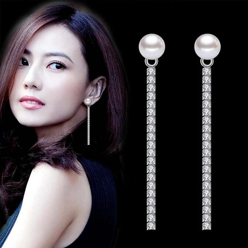 

AAA CZ Zircon Pearl long Zircon Earrings Women Female Silver Color Ear Line Threader Chain Long Drop Earrings Wholesale Jewelry
