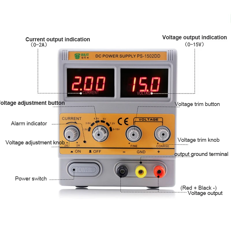 Лучший 1502DD Регулируемый DC Питание 0-2A 15V Цифровой Дисплей телефон ремонт, блок питания постоянного проводящий регулятор постоянного тока