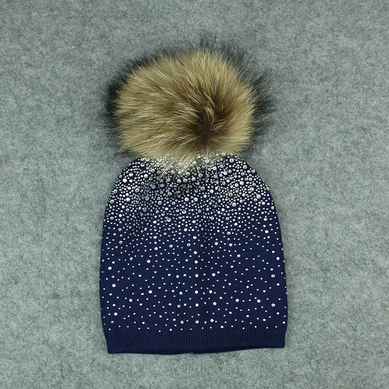 KUE019 Natural Fur Pom pom Knitted Hat Winter Wool Women Genuine Fur Ball Bobble Knit Beanies Bonnet Bones Skullies Rhinestone