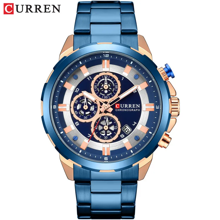 blue CURREN Relogio Masculino роскошные Брендовые мужские часы с автоматической сменой даты хронограф кварцевые часы мужские золотые повседневные спортивные военные наручные часы - Цвет: blue