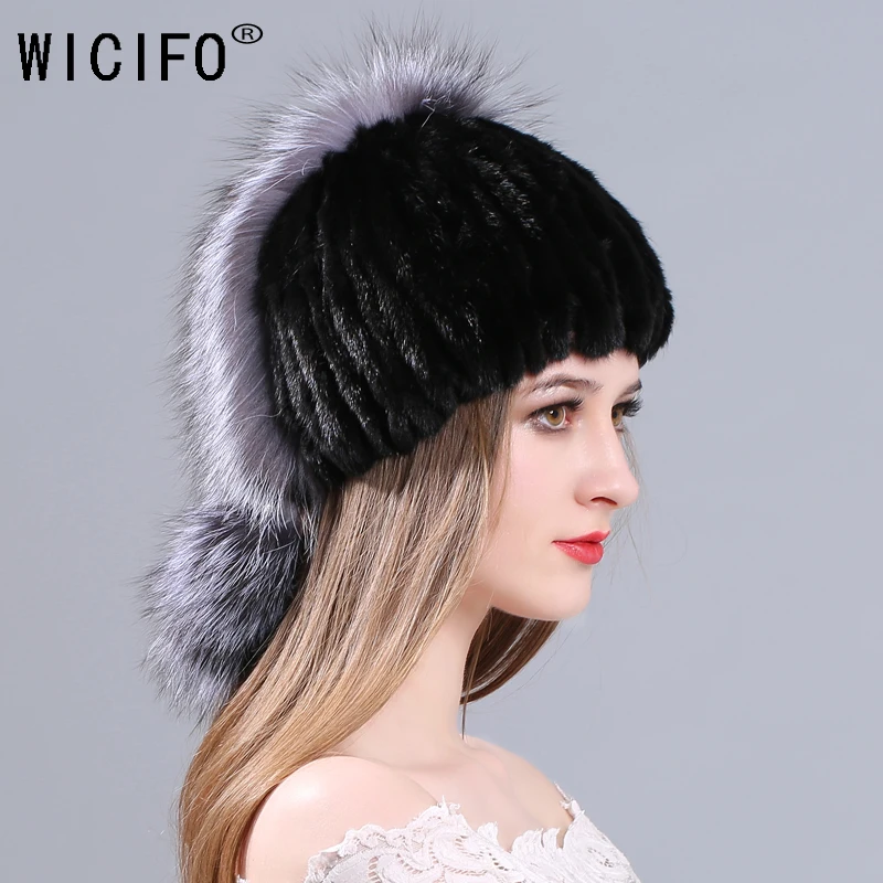 

Women winter mink fur hat real knitted mink silver fox fur caps female russian warm beanies hat 2018 brand new women's fur hat