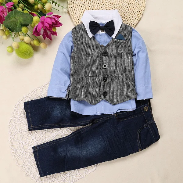 Fashion Handsome children's clothing sets gentleman Boy's 4pcs suit set Kids clothes long-sleeve shirts+vest+jeans+bow tie | Детская