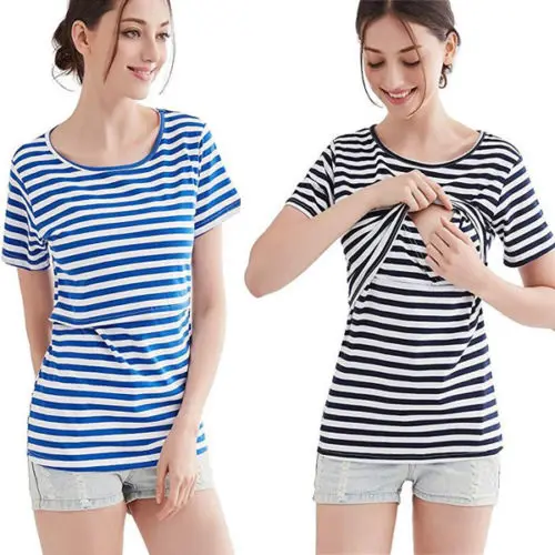 Summer 100%Cotton Nursing Clothes Striped T-shirt Simple Breastfeeding Breathable Maternity Tops | Женская одежда