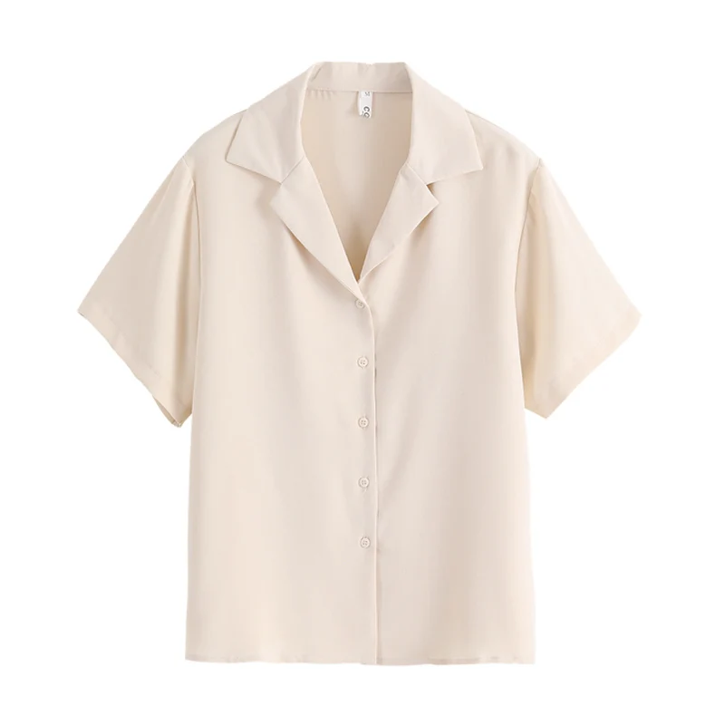 

PERHAPS U Women White Khaki Pink Chiffon Short Sleeve Notched Shirt Solid Summer Work B0175