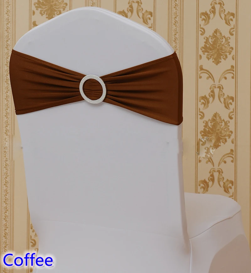 

COFFEE Colour Wholesale Bows Chairs Sash With Round Buckles For Chair Covers Spandex Band Lycra Sash Bow Tie Wedding Decoration
