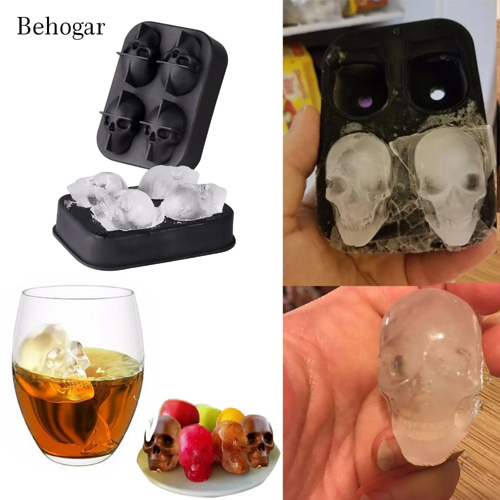Behogar 4 слота форма черепа 3D лоток для льда Силиконовые формы кубиков Форма