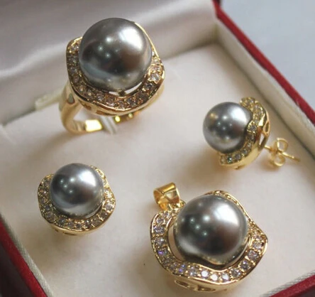Красивые 14 мм серое Южно морское жемчужное ювелирное изделие кулон серьги набор